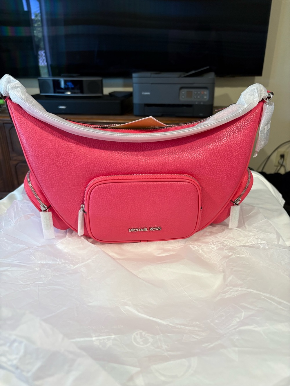 NWT Michael Kors Merritt Shoulder/Crossbody Sling Bag in Hibiscus Leather - Picture 2 of 9